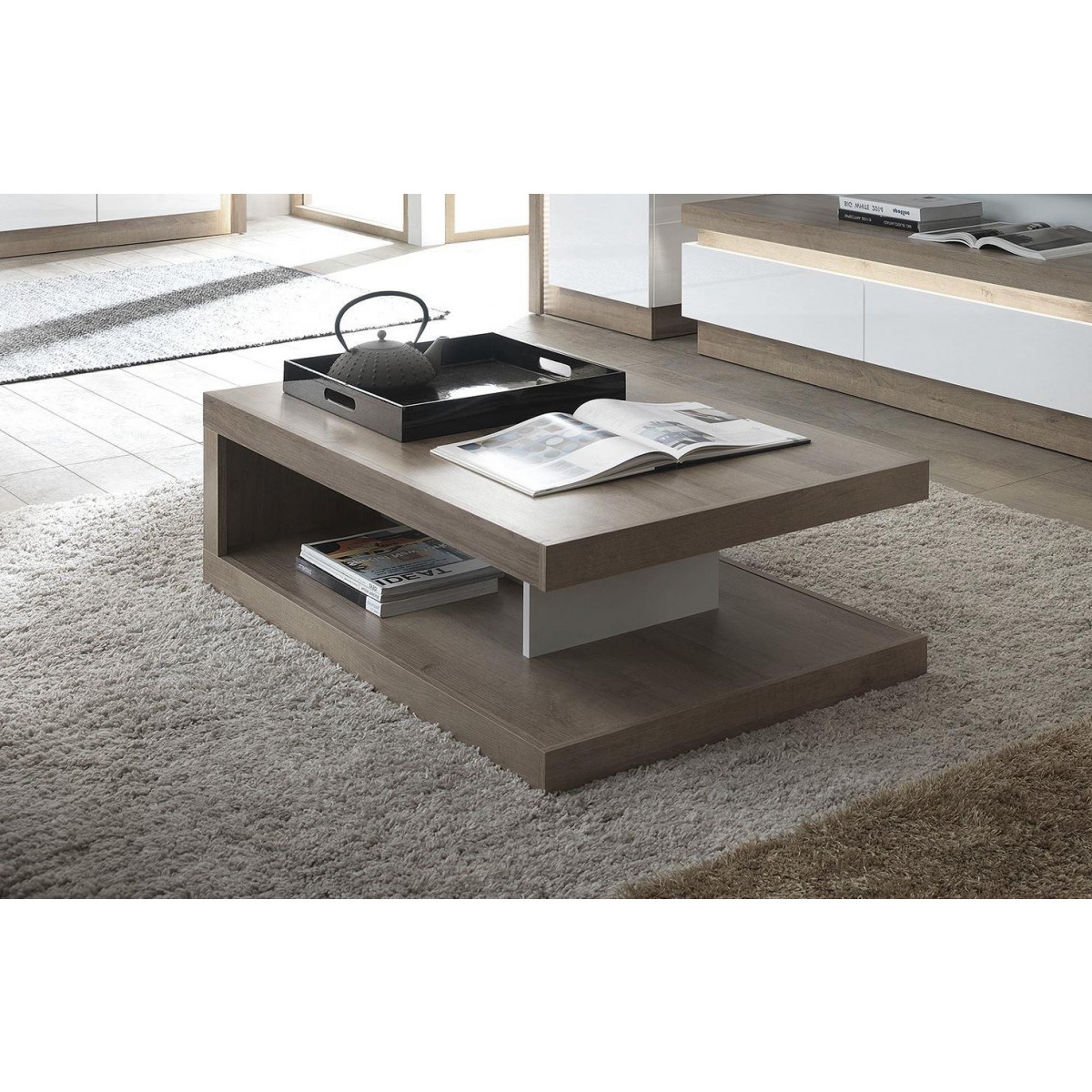 Modern Home Augustus Designer Coffee Table On Wheels In Riviera Oak White High Gloss Free Next Day Delivery